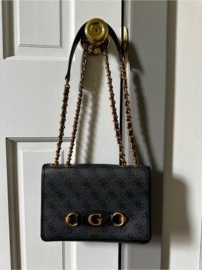 Guess Black Monogram Chain-Detail Shoulder Bag